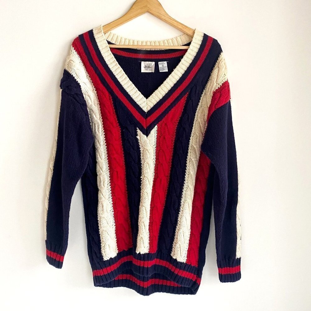 Vintage Jason Maxwell Red White and  Blue V Neck Wool Cotton Pullover L